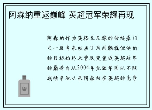 阿森纳重返巅峰 英超冠军荣耀再现